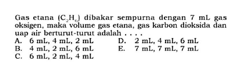 Gas etana (C2H6) dibakar sempurna dengan 7 mL gas oksigen, maka volume gas etana, gas karbon dioksida dan uap air berturut-turut adalah .... 