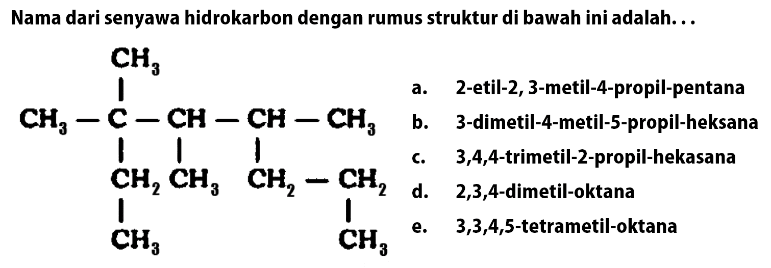 Nama dari senyawa hidrokarbon dengan rumus struktur di bawah ini adalah ... CH3 CH3 - C - CH - CH - CH3 CH2 CH3 CH2 - CH2 CH3 CH3