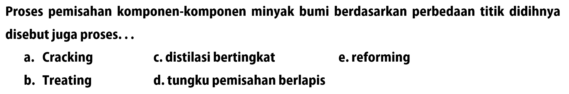 Proses pemisahan komponen-komponen minyak bumi berdasarkan perbedaan titik didihnya disebut juga proses...