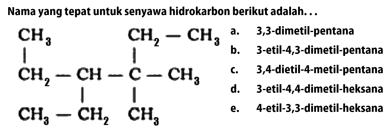 Nama yang tepat untuk senyawa hidrokarbon berikut adalah. . . CH3 CH2 - CH3 CH2 - CH - C - CH3 CH3 - CH2 CH3