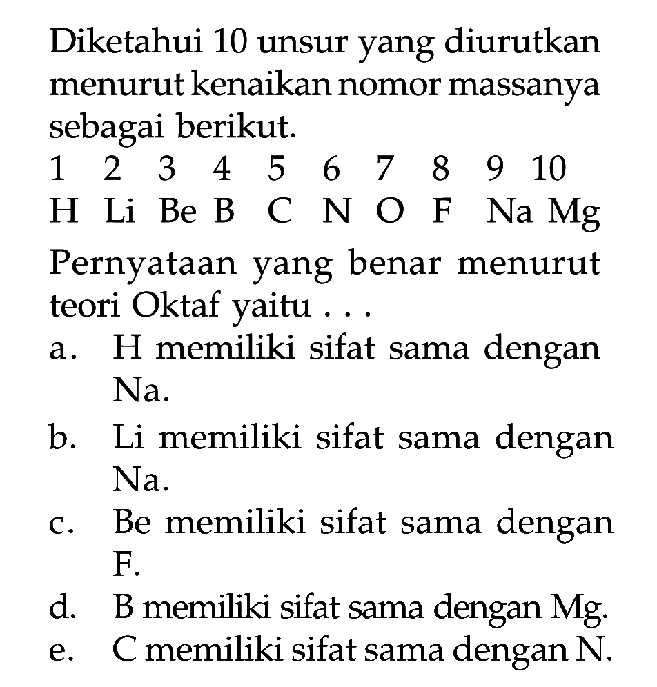 Diketahui 10 unsur yang diurutkan menurut kenaikan nomor massanya sebagai berikut. 1 2 3 4 5 6 7 8 9 10 H Li Be B C N O F Na Mg Pernyataan yang benar menurut teori Oktaf yaitu ...a. H memiliki sifat sama dengan Na.b. Li memiliki sifat sama dengan Na.c. Be memiliki sifat sama dengan F.d. B memiliki sifat sama dengan Mg.e. C memiliki sifat sama dengan N.