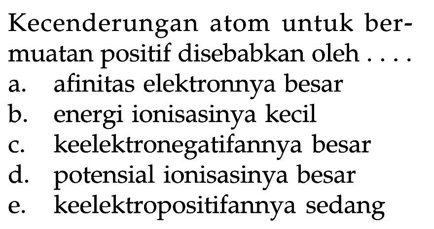 Kecenderungan atom untuk bermuatan positif disebabkan oleh.... 