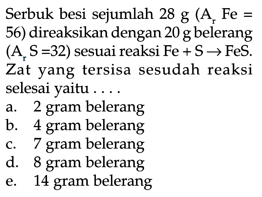 Serbuk besi sejumlah  28 g(Ar Fe=56) direaksikan dengan 20g belerang (ArS =32) sesuai reaksi Fe +S -> FeS. Zat yang tersisa sesudah reaksi selesai yaitu ....