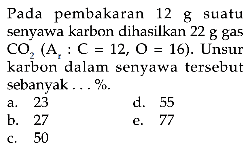 Pada pembakaran 12 g suatu senyawa karbon dihasilkan 22 g gas  CO2 (Ar: C=12, O=16) .  Unsur karbon dalam senyawa tersebut sebanyak ... %.