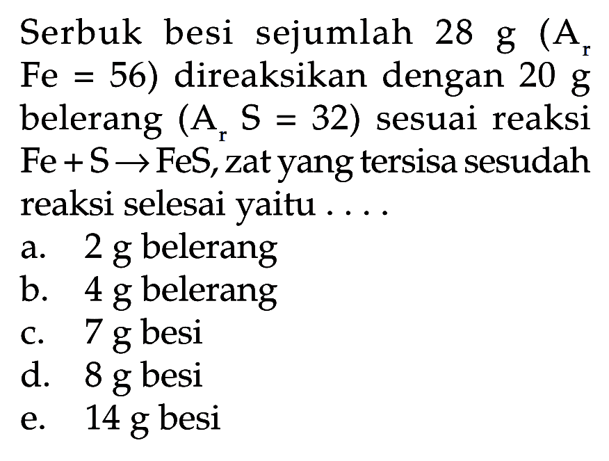 Serbuk besi sejumlah 28 g (Ar Fe=56) direaksikan dengan 20 g belerang (Ar S=32) sesuai reaksi Fe+S->FeS, zat yang tersisa sesudah reaksi selesai yaitu .... 