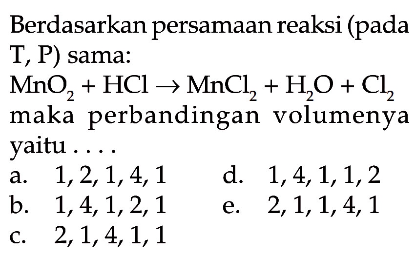 Berdasarkan persamaan reaksi (pada T, P) sama:MnO2+HCl -> MnCl2+H2O+Cl2 maka perbandingan volumenya yaitu ....