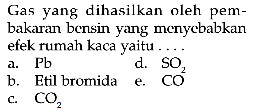 Gas yang dihasilkan oleh pembakaran bensin yang menyebabkan efek rumah kaca yaitu ...