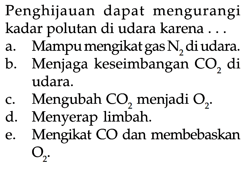 Penghijauan dapat mengurangi kadar polutan di udara karena ...