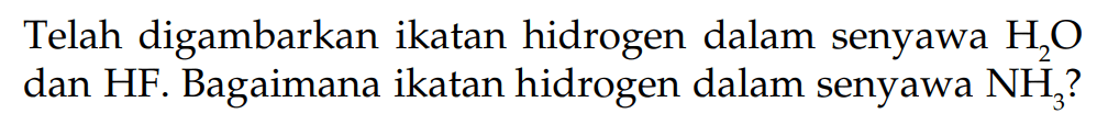 Telah digambarkan ikatan hidrogen dalam senyawa H2O dan HF. Bagaimana ikatan hidrogen dalam senyawa NH3?
