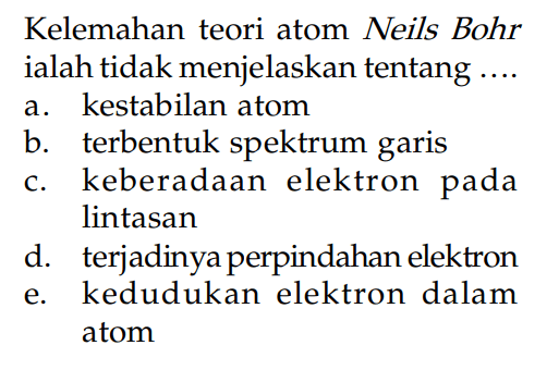 Kelemahan teori atom Neils Bohr ialah tidak menjelaskan tentang ....