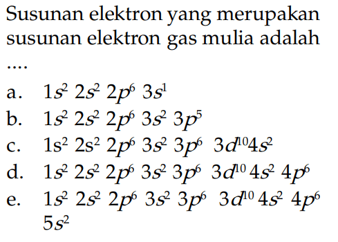 Susunan elektron yang merupakan susunan elektron gas mulia adalah ....