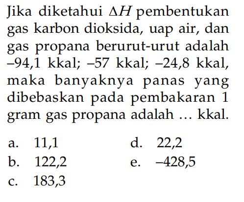 Jika diketahui delta H pembentukan gas karbon dioksida, uap air, dan gas propana berurut-urut adalah -94,1 kkal; -57 kkal; -24,8 kkal, maka banyaknya panas yang dibebaskan pada pembakaran 1 gram gas propana adalah ... kkal. 
