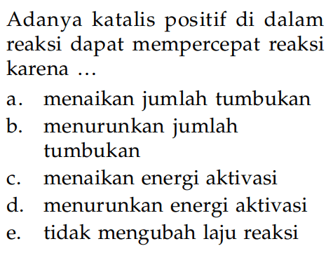 Adanya katalis di dalam reaksi dapat mempercepat reaksi karena...