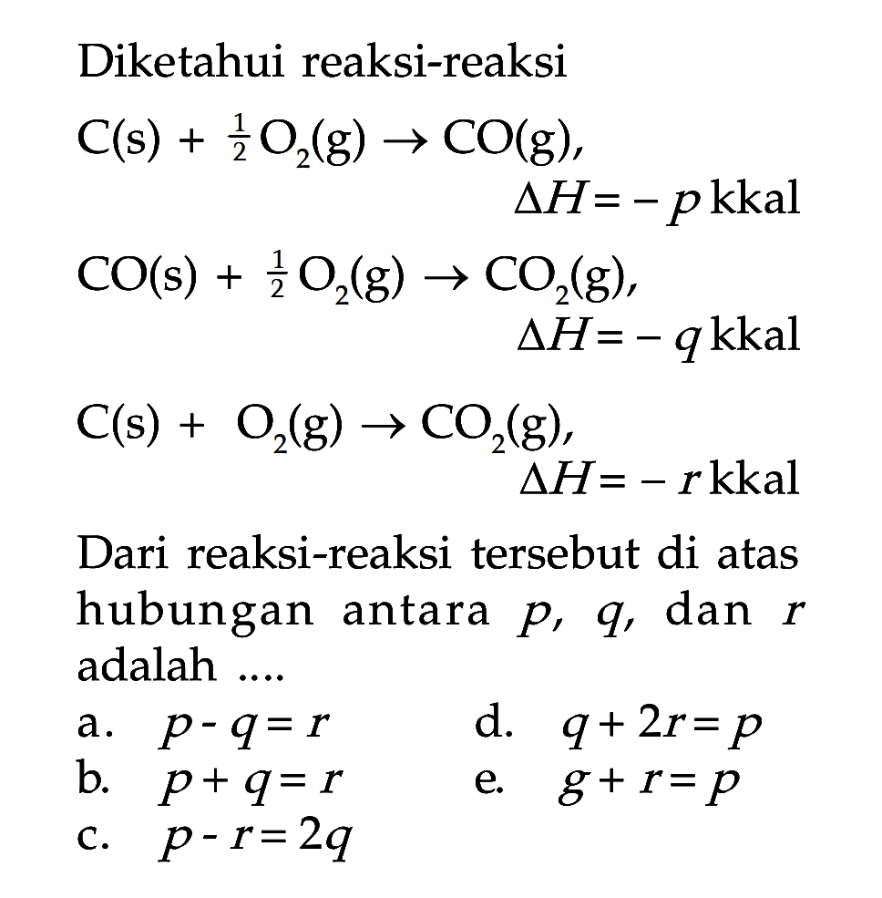 Diketahui reaksi-reaksi


C(s)+(1)/(2) O_(2)(g) -> CO(g) 
Delta H=-p kkal 
CO(s)+(1)/(2) O_(2)(g) -> CO_(2)(g) 
Delta H=-q kkal 
C(s)+O_(2)(g) -> CO_(2)(g) 
Delta H=-r kkal


Dari reaksi-reaksi tersebut di atas hubungan antara  p, q , dan  r  adalah ....