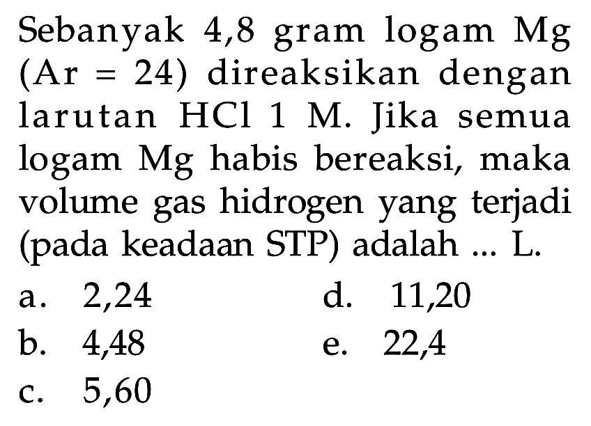 Sebanyak 4,8 gram logam Mg (Ar=24) direaksikan dengan larutan HCl 1 M. Jika semua logam Mg habis bereaksi, maka volume gas hidrogen yang terjadi (pada keadaan STP) adalah ... L.
