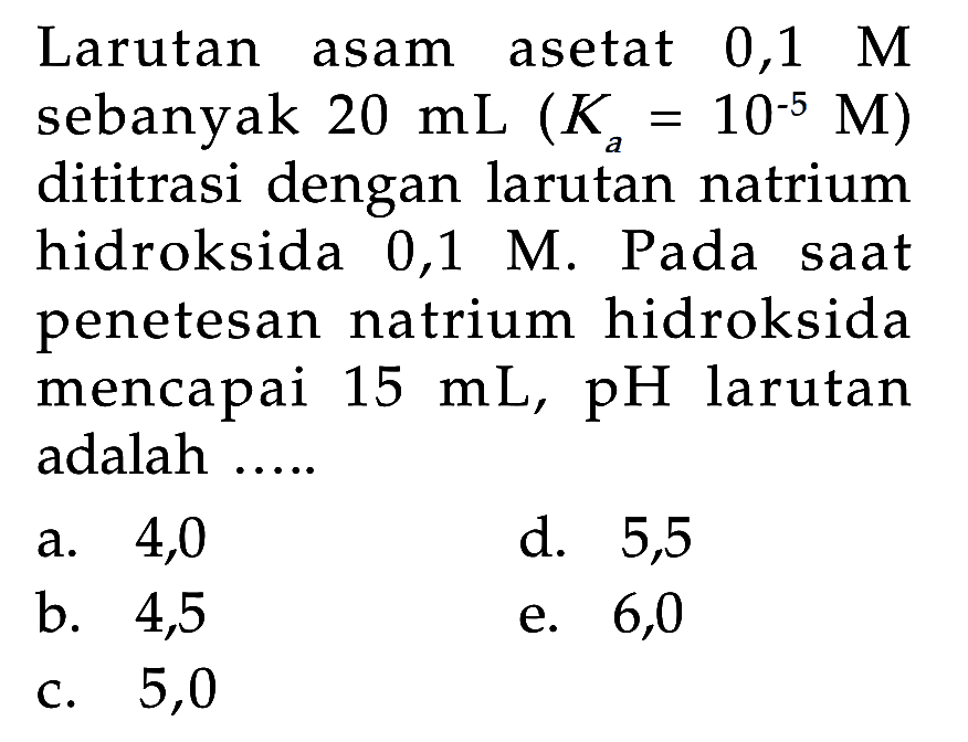 Larutan asam asetat 0,1 M sebanyak 20 mL(Ka=10^-5 M) dititrasi dengan larutan natrium hidroksida 0,1 M. Pada saat penetesan natrium hidroksida mencapai 15 mL, pH larutan adalah.....