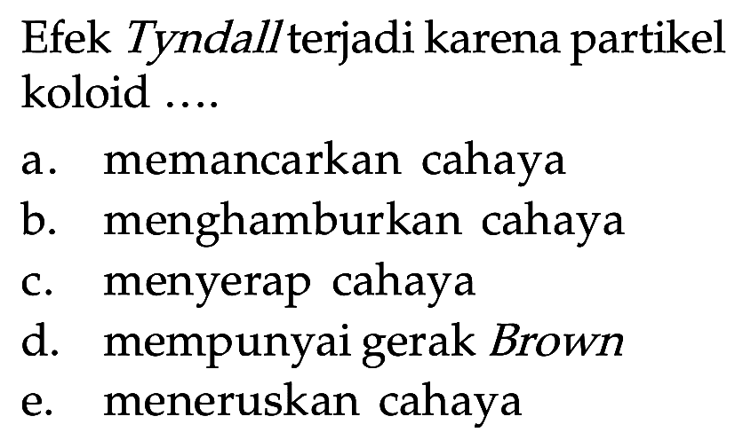 Efek Tyndall terjadi karena partikel koloid .... a. memancarkan cahaya b. menghamburkan cahaya c. menyerap cahaya d. mempunyai gerak Brown e. meneruskan cahaya