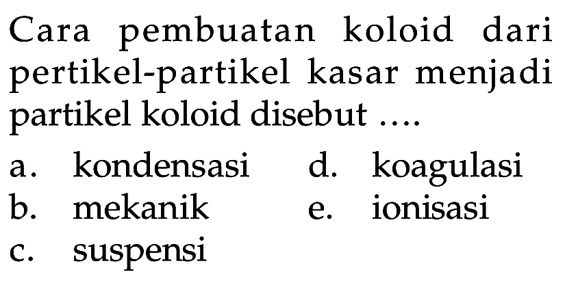 Cara pembuatan koloid dari pertikel-partikel kasar menjadi partikel koloid disebut .... 