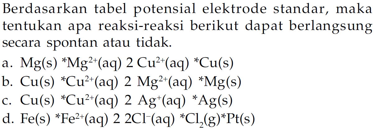 Berdasarkan tabel potensial elektrode standar, maka tentukan apa reaksi-reaksi berikut dapat berlangsung secara spontan atau tidak.  
a. Mg (s) * Mg^(2+) (aq) 2 Cu^(2+) (aq) * Cu(s) b. Cu (s) * Cu^(2+) (aq) 2 Mg^(2+) (aq) * Mg(s) 
c. Cu (s) * Cu^(2+) (aq) 2 Ag^+ (aq) * Ag (s) 
d. Fe (s) * Fe^(2+) (aq) 2 2Cl^-(aq) * Cl2 (g) * Pt (s)