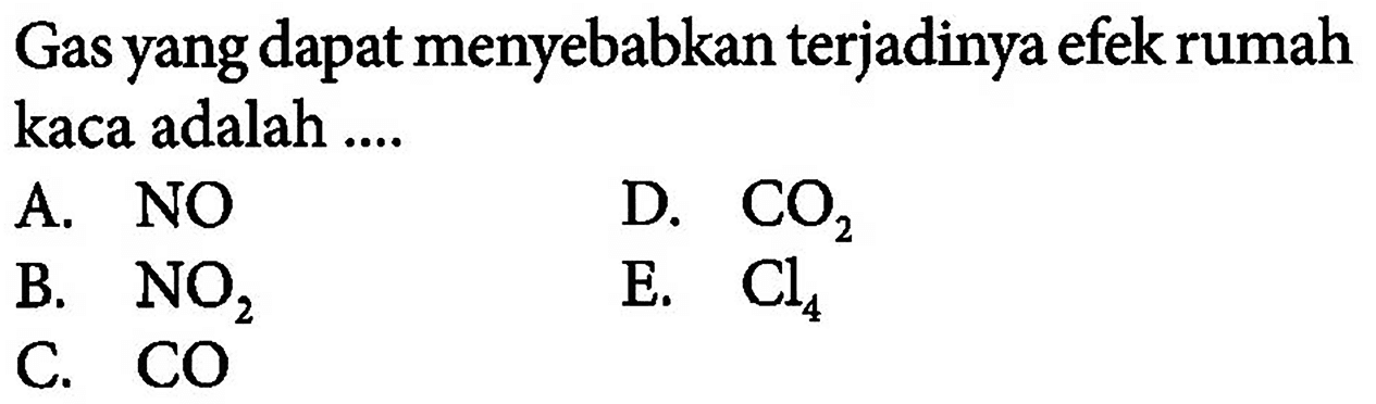 Gas yang dapat menyebabkan terjadinya efek rumah kaca adalah ....