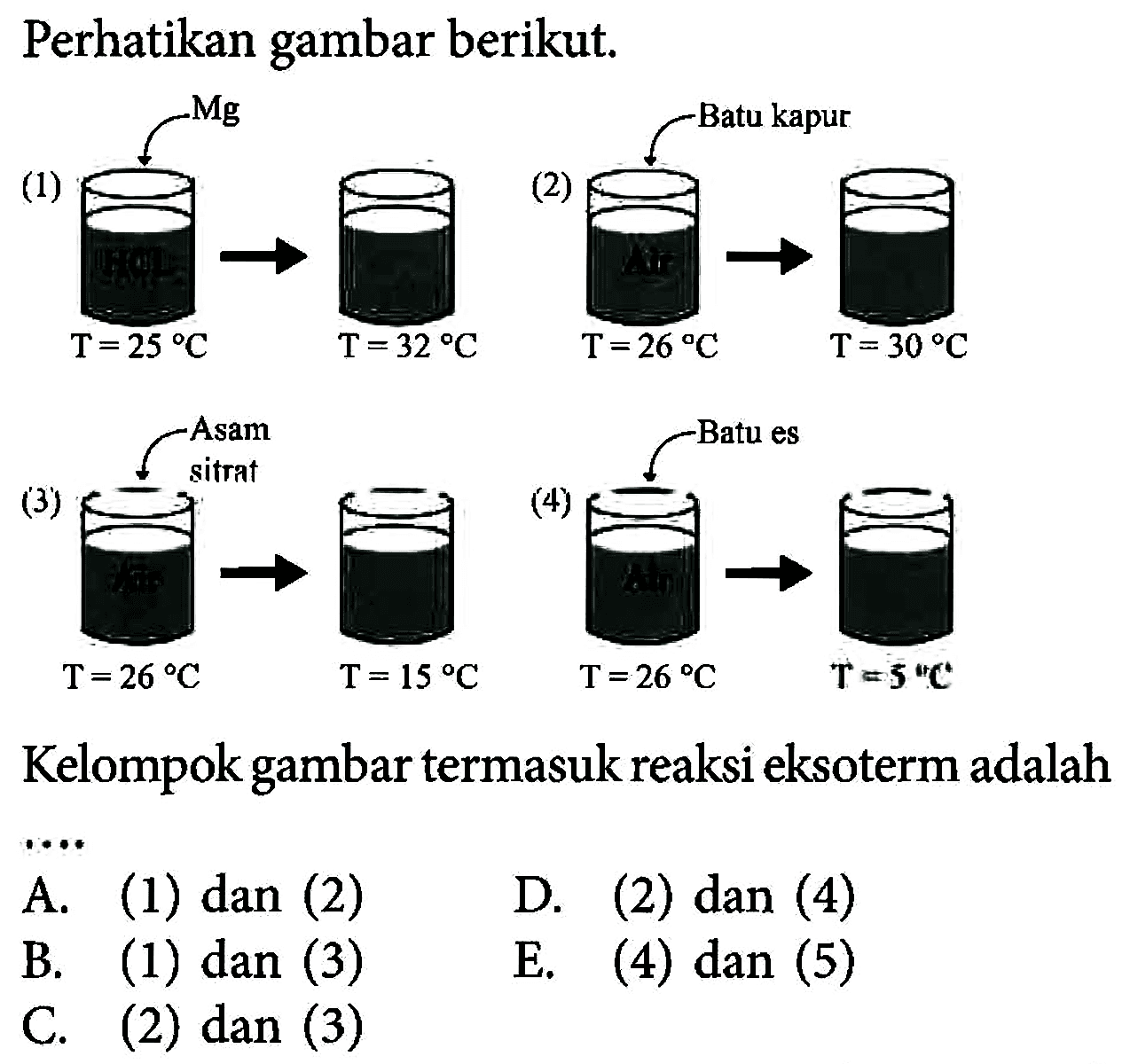 Perhatikan gambar berikut. (1) Mg T=25 C T=32 C (2) Batu kapur T = 26 C T = 30 C (3) Asam sitrat T = 26 C T = 15 C (4) Batu es T = 26 C T = 5 C Kelompok gambar termasuk reaksi eksoterm adalah A. (1) dan (2) D. (2) dan (4) B. (1) dan (3) E. (4) dan (5) C. (2) dan (3)