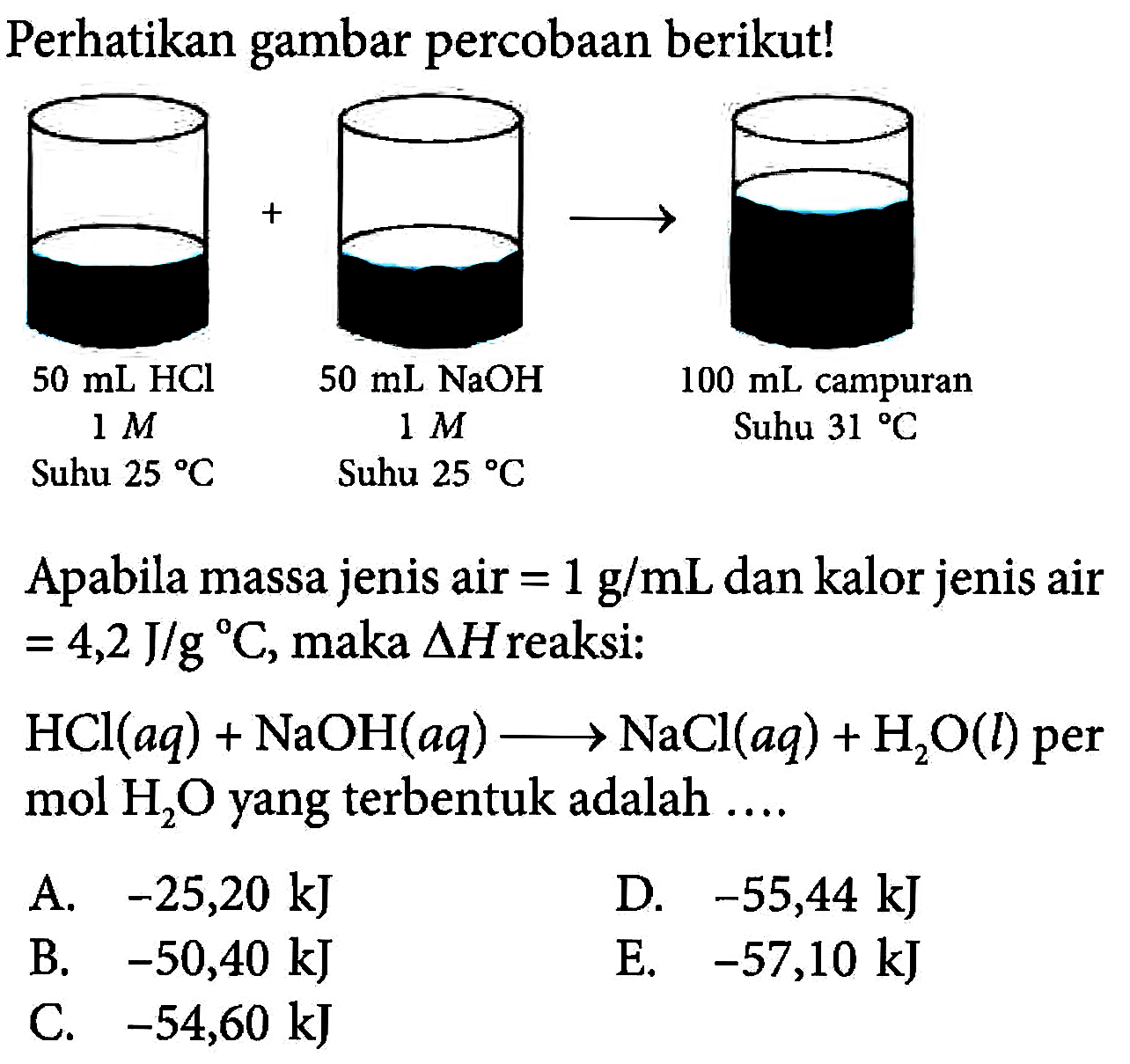 Perhatikan gambar percobaan berikut!Apabila massa jenis air  =1 g/mL  dan kalor jenis air  =4,2 J/g/  C , maka  segitiga H  reaksi: HCl(aq)+NaOH(aq) ---> NaCl(aq)+H2 O(l)  per mol  H2 O  yang terbentuk adalah ....