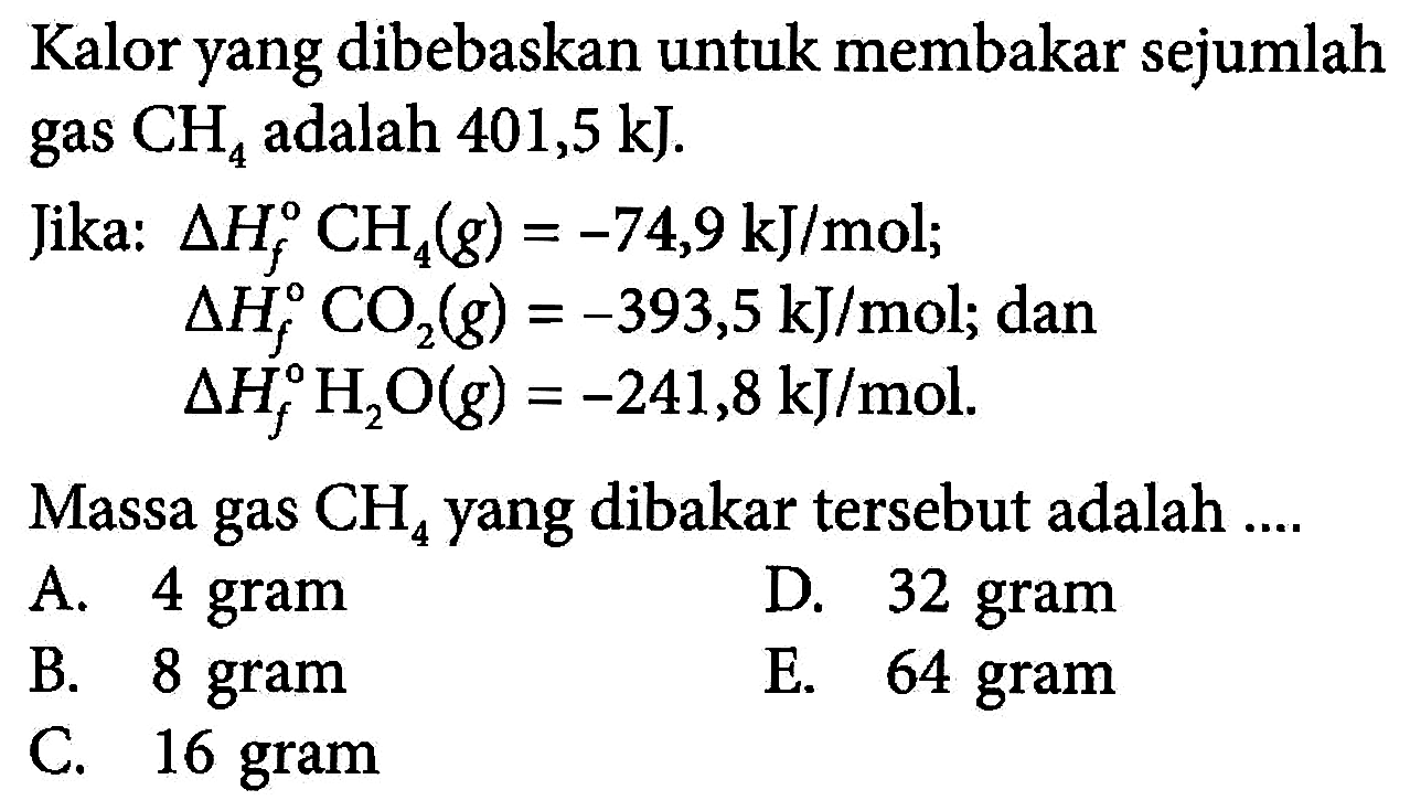 Kalor yang dibebaskan untuk membakar sejumlah gas CH4 adalah 401,5 kJ. Jika: delta Hf CH4 (g) = -74,9 kJ/mol; delta Hf CO2 (g) = -393,5 kJ/mol; dan delta Hf H2O (g) = -241,8 kJ/mol. Massa gas CH4 yang dibakar tersebut adalah