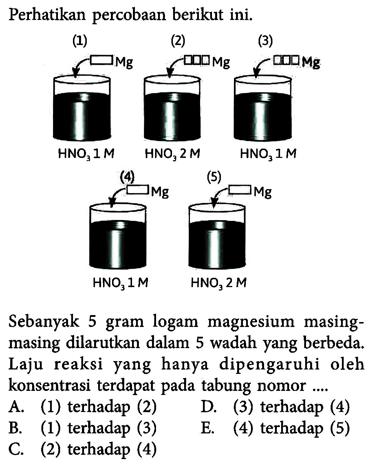 Perhatikan percobaan berikut ini.Sebanyak 5 gram logam magnesium masingmasing dilarutkan dalam 5 wadah yang berbeda. Laju reaksi yang hanya dipengaruhi oleh konsentrasi terdapat pada tabung nomor ....