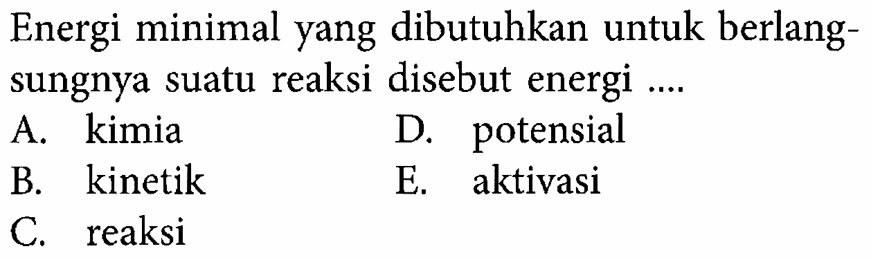 Energi minimal yang dibutuhkan untuk berlangsungnya suatu reaksi disebut energi .... 