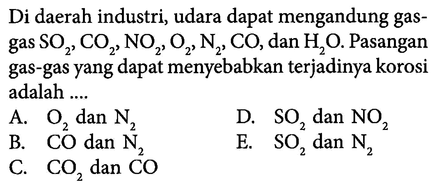 Di daerah industri, udara dapat mengandung gas-gas SO2, CO2, NO2, O2, N2, CO, dan H2O. Pasangan gas-gas yang dapat menyebabkan terjadinya korosi adalah .... 
