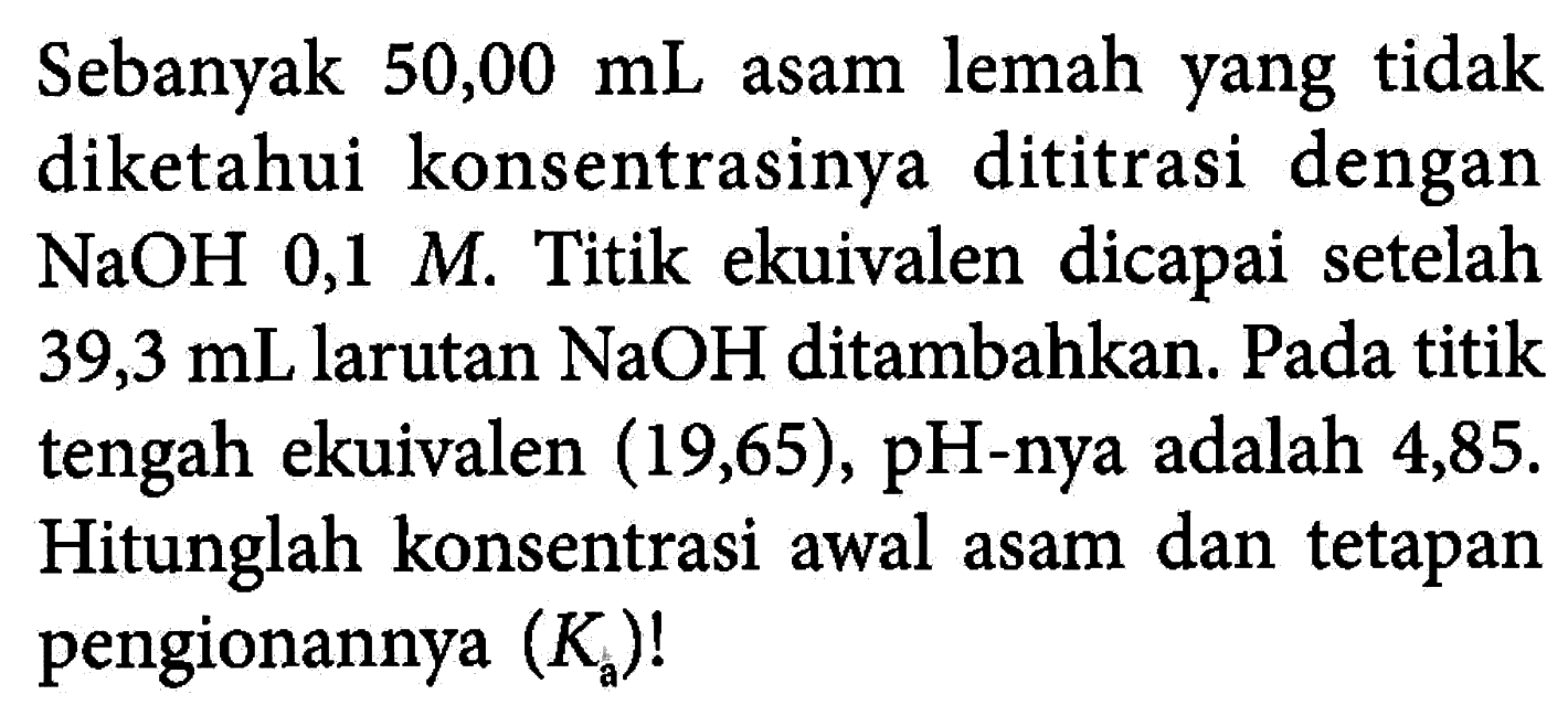 Sebanyak 50,00 mL asam lemah yang tidak diketahui konsentrasinya dititrasi dengan  NaOH 0,1 M. Titik ekuivalen dicapai setelah 39,3 mL  larutan NaOH ditambahkan. Pada titik tengah ekuivalen (19,65), pH-nya adalah 4,85. Hitunglah konsentrasi awal asam dan tetapan pengionannya (Ka)! 