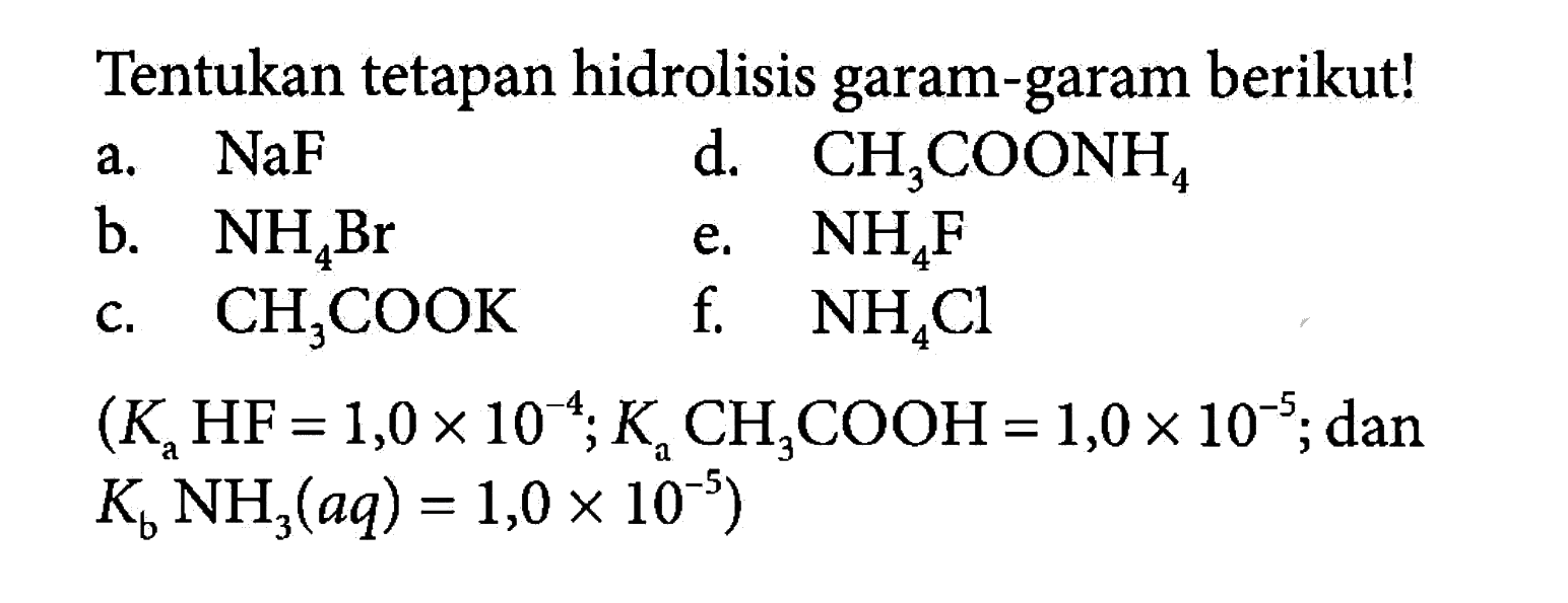 Tentukan tetapan hidrolisis garam-garam berikut! 
a. NaF d. CH3COONH4 
b. NH4Br e. NH4F 
c. CH3COOK f. NH4Cl 
(Ka HF = 1,0 x 10^(-4); Ka CH3COOH = 1,0 x 10^(-5); dan Kb NH3 (aq) = 1,0 x 10^(-5))