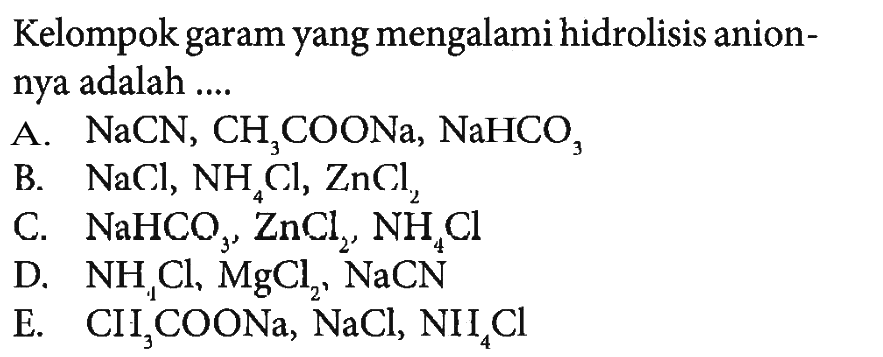 Kelompok garam yang mengalami hidrolisis anionnya adalah .... 
A. NaCN, CH3COONa, NaHCO3 
B. NaCl, NH4Cl, ZnCl2 
C. NaHCO3, ZnCl2, NH4Cl 
D. NH4Cl, MgCl2, NaCN 
E. CH3COONa, NaCl, NH4Cl