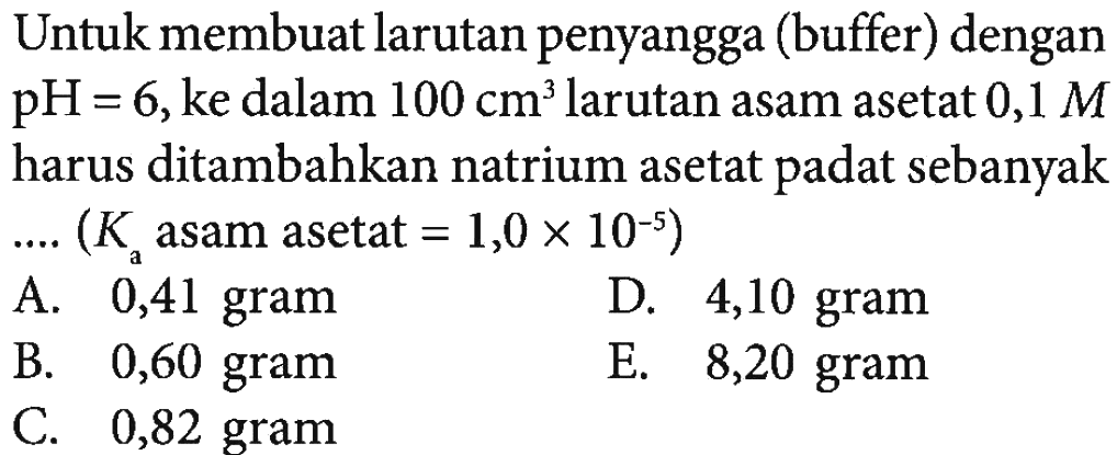 Untuk membuat larutan penyangga (buffer) dengan  pH=6 , ke dalam 100 cm^3  larutan asam asetat  0,1 M  harus ditambahkan natrium asetat padat sebanyak  ...(Ka asam asetat =1,0 x 10^(-5)) 
