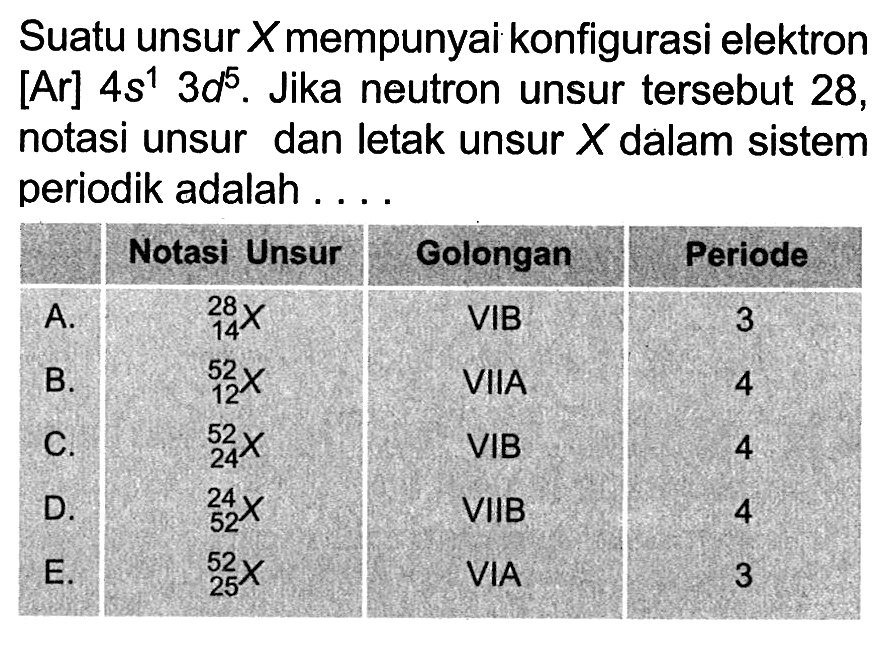 Suatu unsur X mempunyai konfigurasi elektron [Ar] 4s^1 3d^5. Jika neutron unsur tersebut 28, notasi unsur dan letak unsur X dalam sistem periodik adalah 
Notasi Unsur Golongan Periode 
A. 28 14 X VIB 3 
B. 52 12 X VIIA 4 
C. 52 24 X VIB 4 
D. 24 52 X VIIB 4 
E. 52 25 X VIA 3 