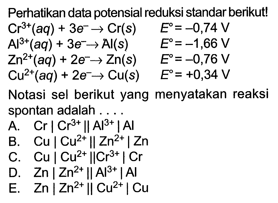 Perhatikan data potensial reduksi standar berikut! Cr^3+(aq)+3e^- -> Cr(s) E=-0,74 V Al^3+(aq)+3e^- -> Al(s) E=-1,66 V Zn^2+(aq)+2e^- -> Zn(s) E=-0,76 V Cu^2+(aq)+2e^- -> Cu(s) E=+0,34 V Cu^2+(aq)+2e -> Cu(s) E=+0,34 V Notasi sel berikut yang menyatakan reaksi spontan adalah.... A. Cr | Cr^3+ || Al^3+ | Al B. Cu | Cu^2+ || Zn^2+ | Zn C. Cu | Cu^2+ || Cr^3+ | Cr D. Zn | Zn^2+ || Al^3+ | Al E. Zn | Zn^2+ || Cu^2+ | Cu 