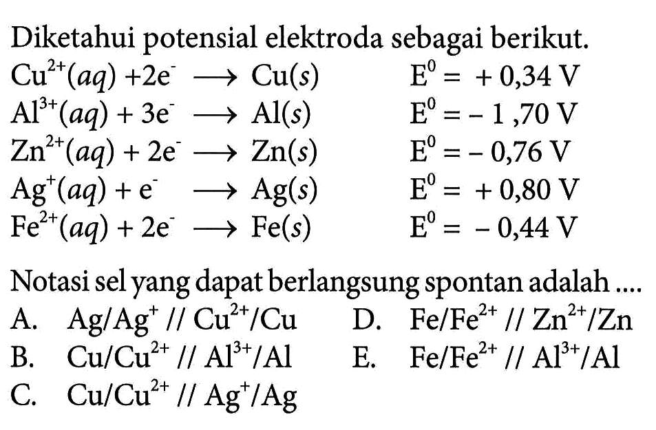 Diketahui potensial elektroda sebagai berikut.Cu^(2+)(aq) + 2e^- -> Cu(s) E^0=+0,34 V Al^(3+)(aq) + 3e^- -> Al(s) E^0=-1,70 V Zn^(2+)(aq) + 2e^- -> Zn(s) E^0=-0,76 V Ag^+(aq) + e^- -> Ag(s) E^0=+0,80 V Fe^(2+)(aq) + 2e^- -> Fe(s)  E^0=-0,44 V Notasi sel yang dapat berlangsung spontan adalah ....