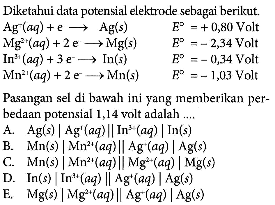 Diketahui data potensial elektrode sebagai berikut. Ag^+(aq) + e^- -> Ag(s) E=+0,80 Volt Mg^(2+)(aq) + 2e^- -> Mg(s) E=-2,34 Volt In^(3+)(aq) + 3e^- -> In(s) E=-0,34 Volt Mn^(2+)(aq) + 2e^- -> Mn(s) E=-1,03 Volt Pasangan sel di bawah ini yang memberikan perbedaan potensial 1,14 volt adalah .... 