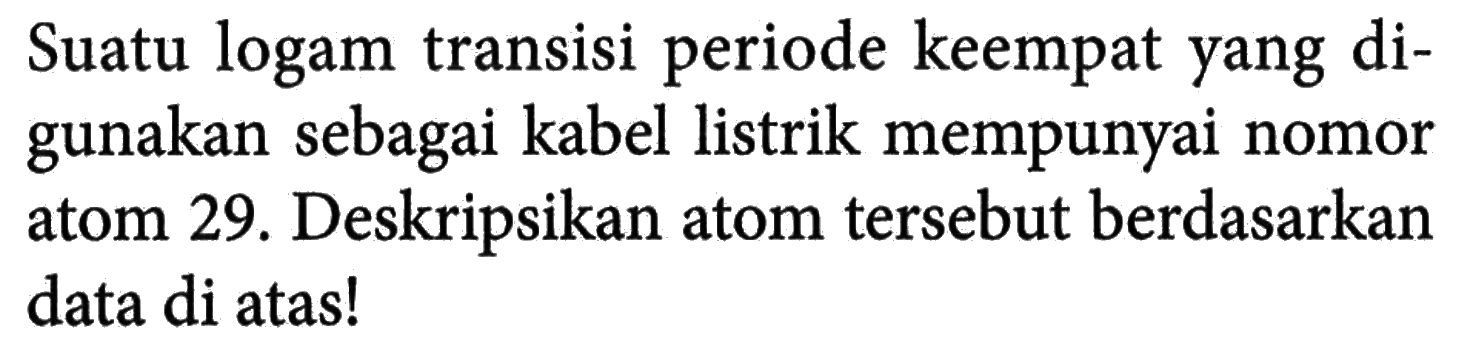 Suatu logam transisi periode keempat yang digunakan sebagai kabel listrik mempunyai nomor atom 29. Deskripsikan atom tersebut berdasarkan data di atas!