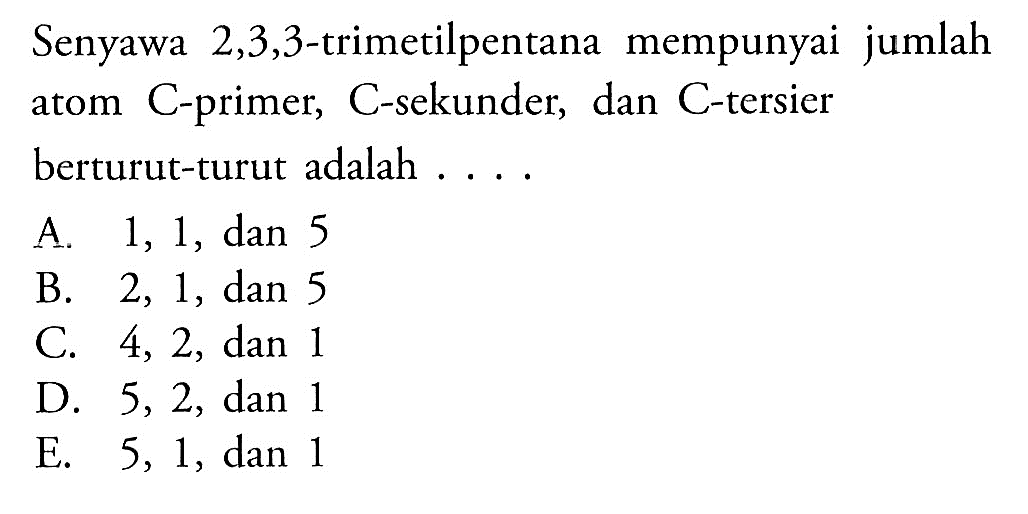 Senyawa 2,3,3-trimetilpentana mempunyai jumlah atom C-primer, C-sekunder, dan C-tersier berturut-turut adalah . . . . 