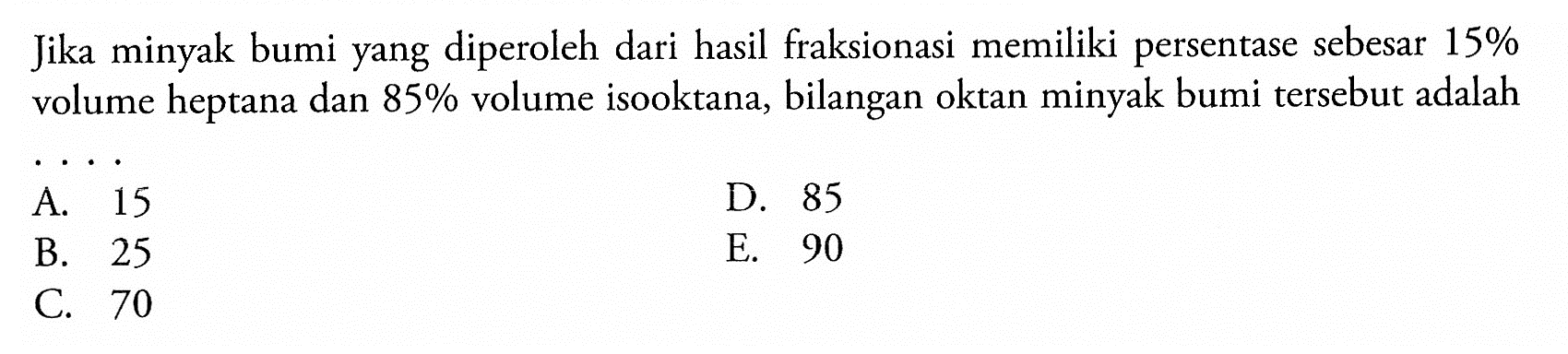 Jika minyak bumi yang diperoleh dari hasil fraksionasi memiliki persentase sebesar  15 %  volume heptana dan  85 %  volume isooktana, bilangan oktan minyak bumi tersebut adalah
 .. 
