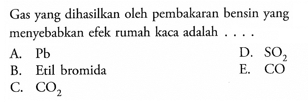 Gas yang dihasilkan oleh pembakaran bensin yang menyebabkan efek rumah kaca adalah ....