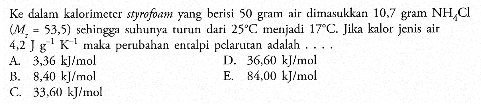 Ke dalam kalorimeter styrofoam yang berisi 50 gram air dimasukkan 10,7 gram NH4Cl (Mr=53,5) sehingga suhunya turun dari 25 C menjadi 17 C. Jika kalor jenis air 4,2 J g^-1 K^-1 maka perubahan entalpi pelarutan adalah... 