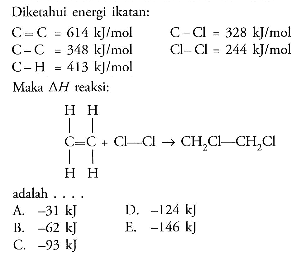 Diketahui energi ikatan:C=C=614 kJ/mol C-Cl=328 kJ/mol C-C=348 kJ/mol Cl-Cl=244 kJ/mol C-H=413 kJ/mol Maka delta H reaksi:H H C C + Cl Cl -> CH2Cl CH2Cladalah ....