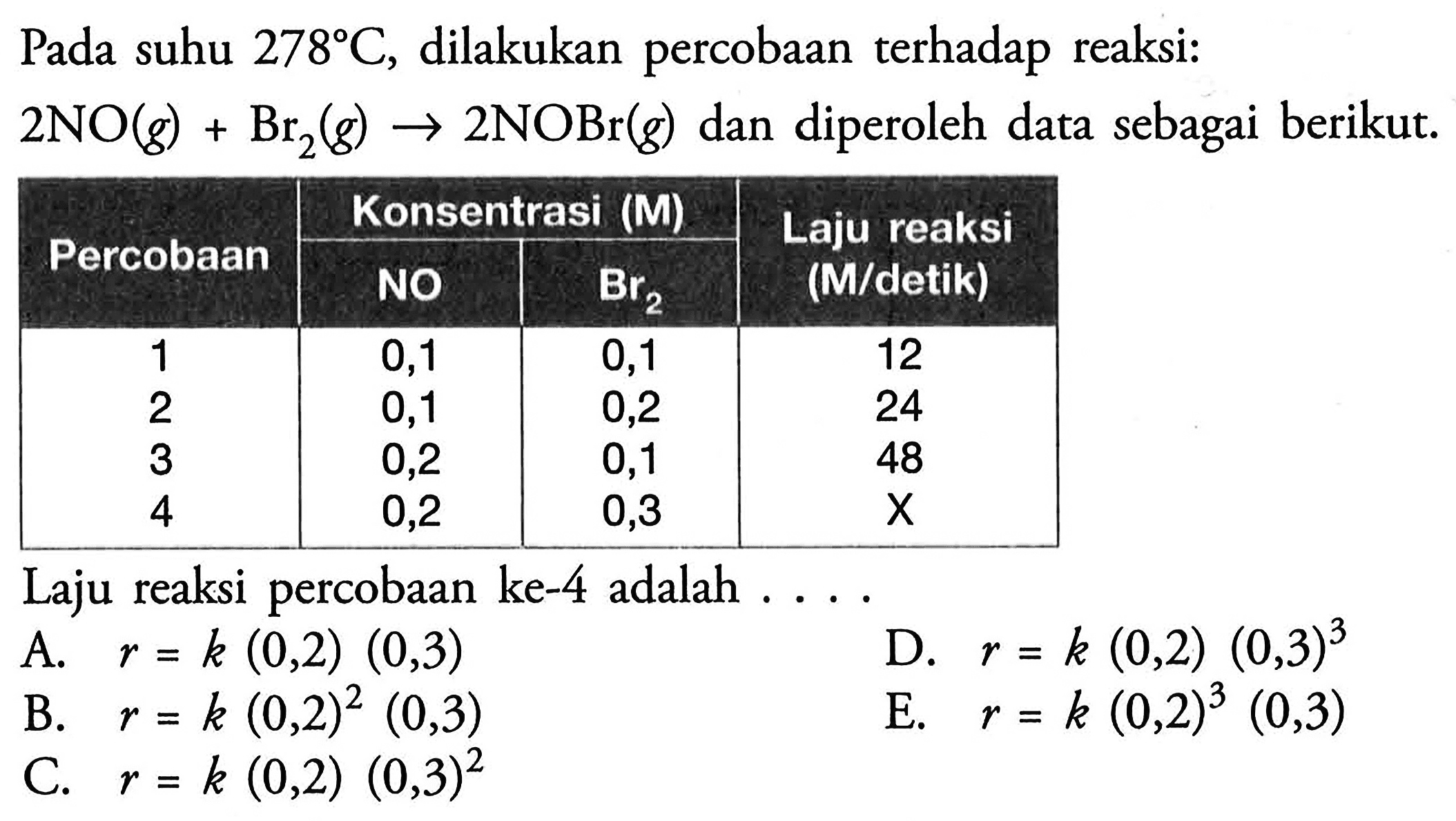 Pada suhu 278 C, dilakukan percobaan terhadap reaksi: 2NO(g) + Br2(g) -> 2NOBr(g) dan diperoleh data sebagai berikut. Percobaan Konsentrasi (M) NO Br2 Laju reaksi (M/detik) 1 0,1 0,1 12 2 0,1 0,2 24 3 0,2 0,1 48 4 0,2 0,3 X Laju reaksi percobaan ke-4 adalah .... 