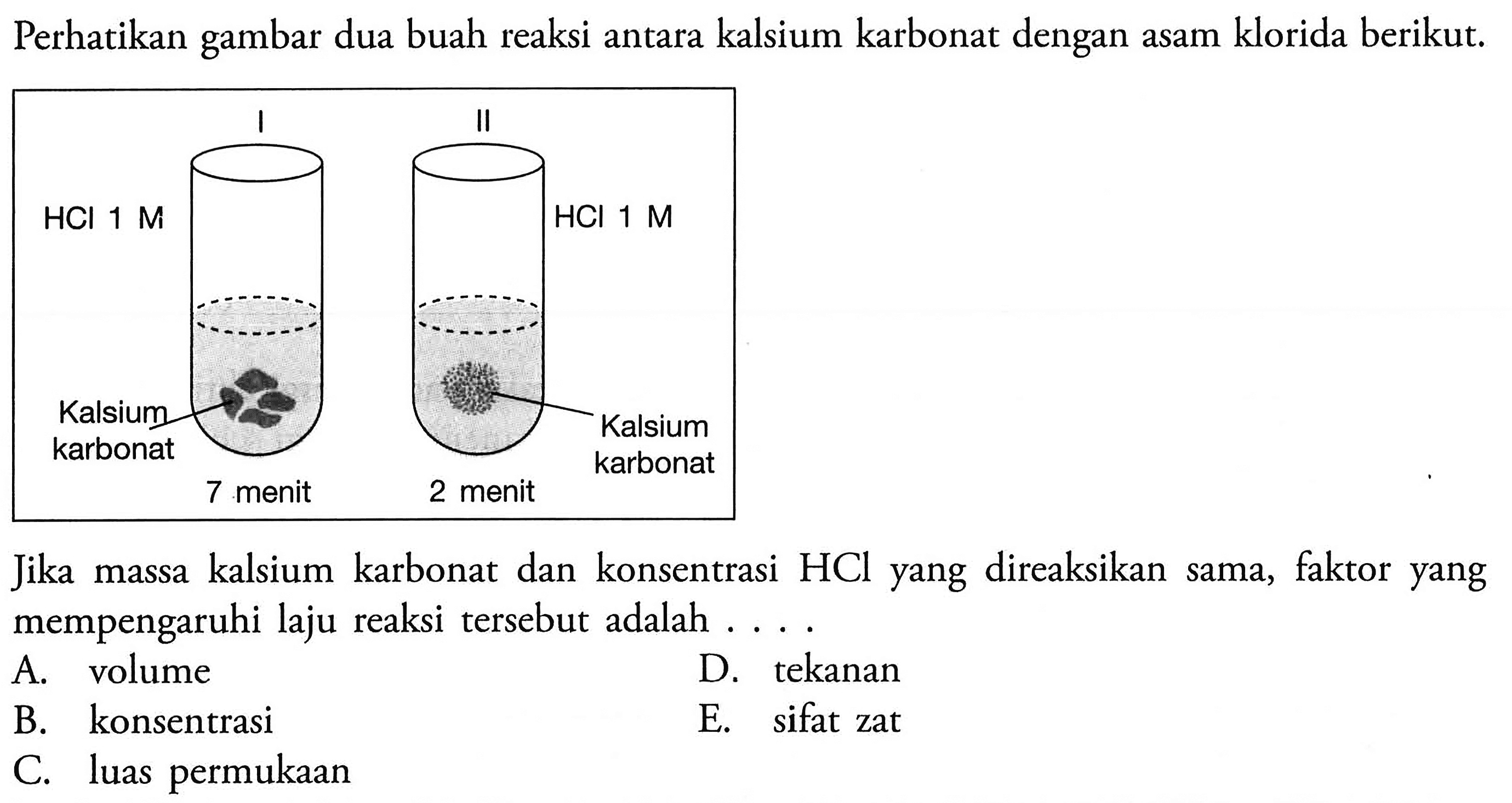 Perhatikan gambar dua buah reaksi antara kalsium karbonat dengan asam klorida berikut. I HCl 1M Kalsium karbonat 7 menit II HCl 1M Kalsium karbonat 2 menit Jika massa kalsium karbonat dan konsentrasi HCl yang direaksikan sama, faktor yang mempengaruhi laju reaksi tersebut adalah ....