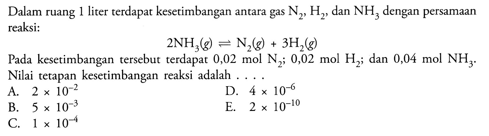 Dalam ruang 1 liter terdapat kesetimbangan antara gas N2, H2, dan NH3 dengan persamaan reaksi:2 NH3(g) <=> N2(g)+3 H2(g)Pada kesetimbangan tersebut terdapat 0,02 mol N2; 0,02 mol H2; dan 0,04 mol NH3. Nilai tetapan kesetimbangan reaksi adalah ....