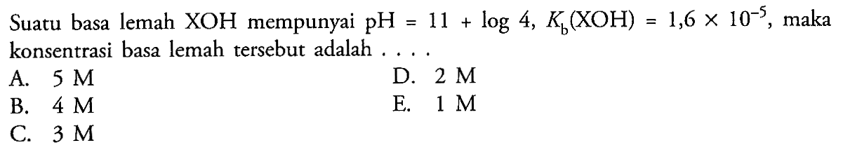 Suatu basa lemah  XOH  mempunyai  pH=11+log 4, Kb(XOH)=1,6 x 10^-5, maka konsentrasi basa lemah tersebut adalah ....