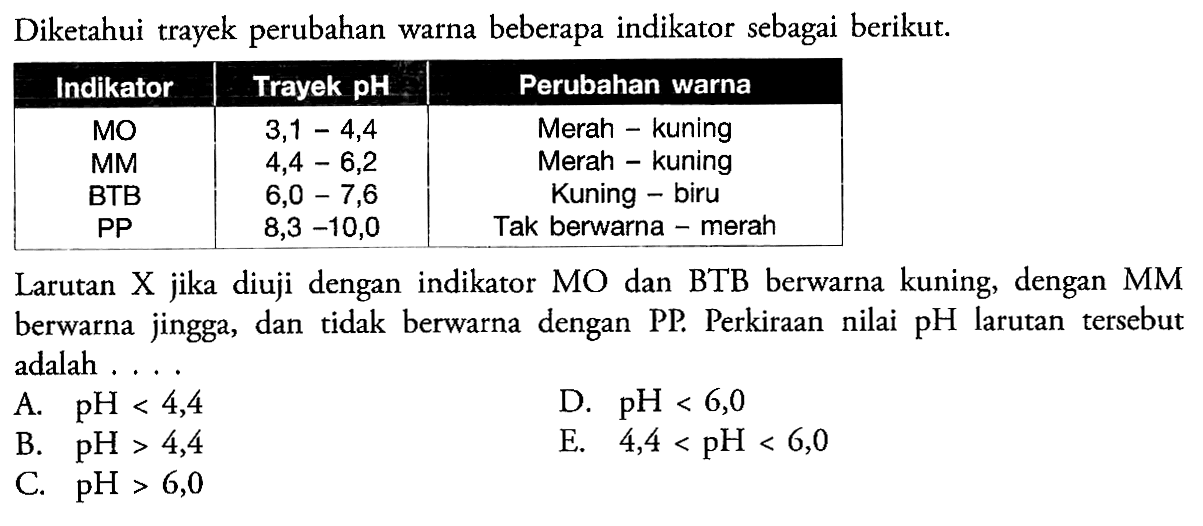 Diketahui trayek perubahan warna beberapa indikator sebagai berikut. Indikator Trayek pH Perubahan warna MO 3,1-4,4 Merah-kuning MM 4,4-6,2 Merah-kuning BTB 6,0-7,6 Kuning-biru PP 8,3-10,0 Tak berwarna-merah Larutan X jika diuji dengan indikator MO dan BTB berwarna kuning, dengan MM berwarna jingga, dan tidak berwarna dengan PP. Perkiraan nilai pH larutan tersebut adalah.... 