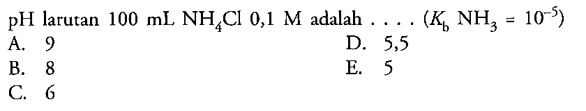 pH larutan  100 mL NH4Cl 0,1 M adalah  .... (Kb NH3=10^(-5)) 
